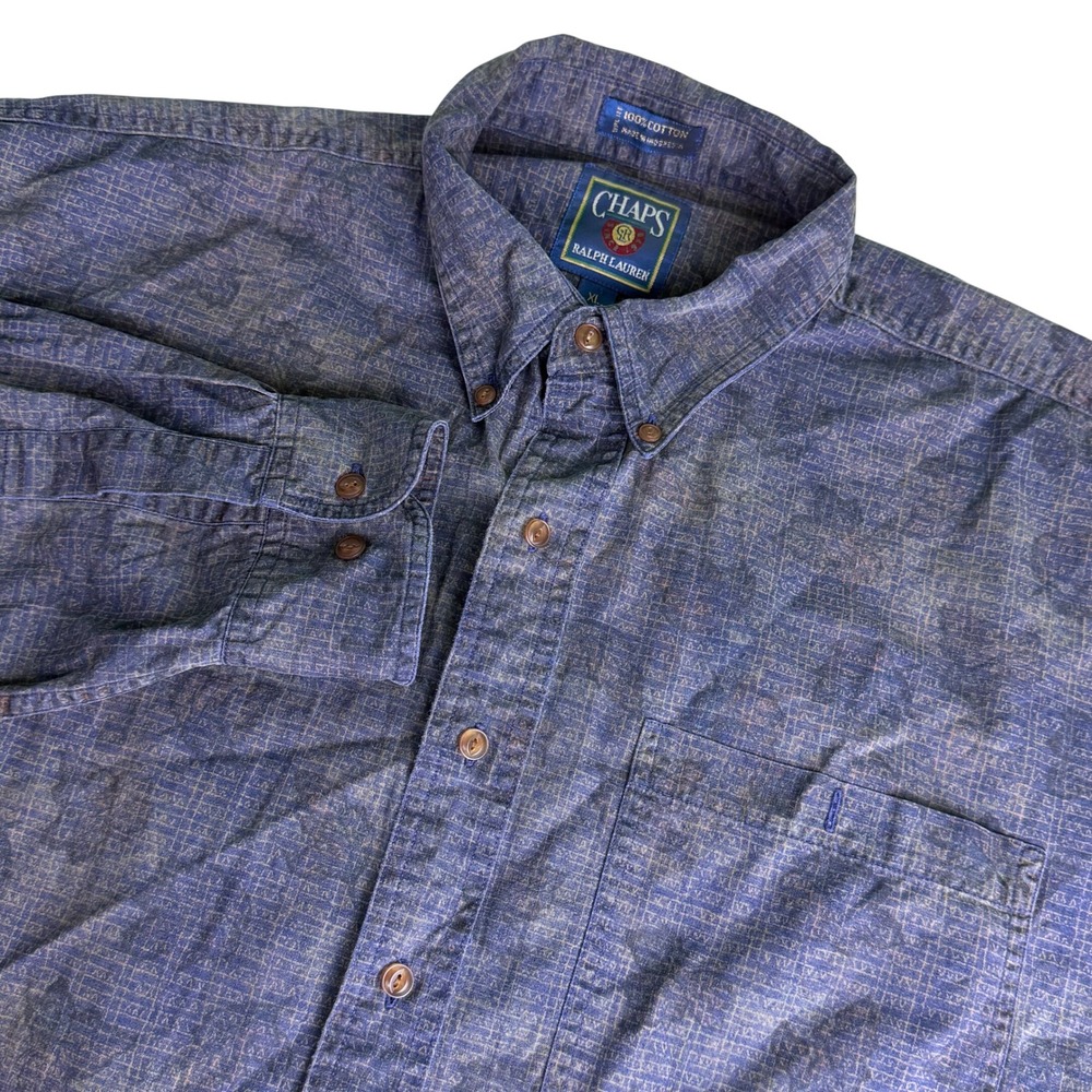 Vtg Chaps Ralph Lauren Mens XL Shirt Blue Button Down Abstract Print Long Sleeve